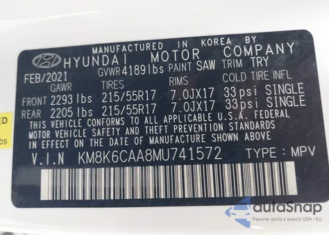 2021 Hyundai Kona Sel Plus z USA, uszkodzony, nr VIN KM8K6CAA8MU741572